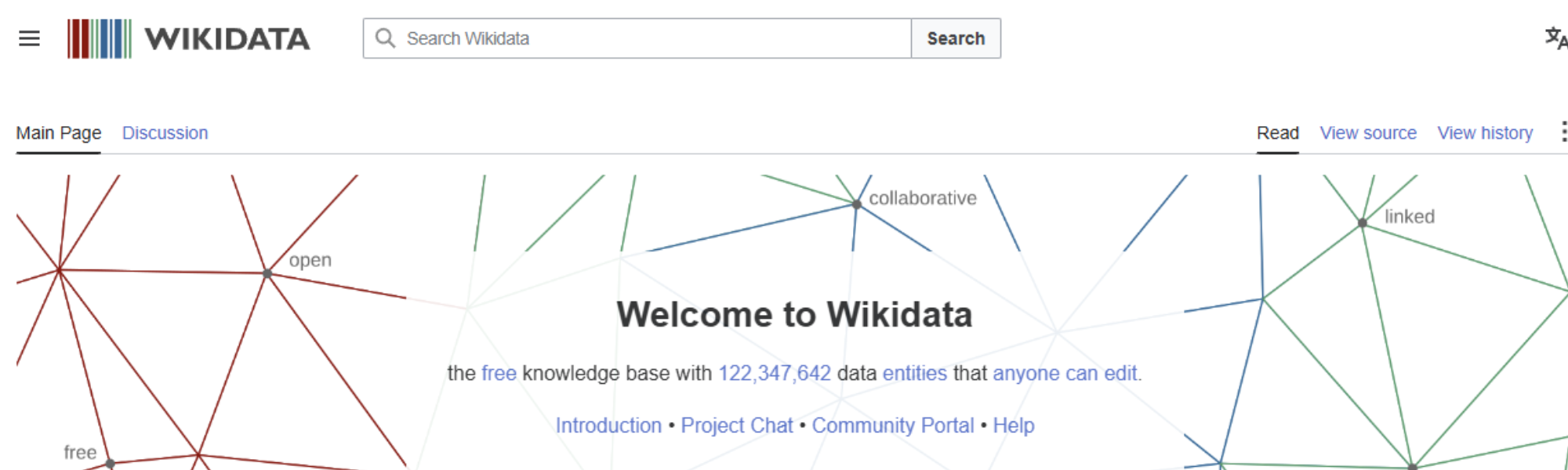 Wikidata homepage showing its open, collaborative, linked knowledge base used by search engines and AI tools
